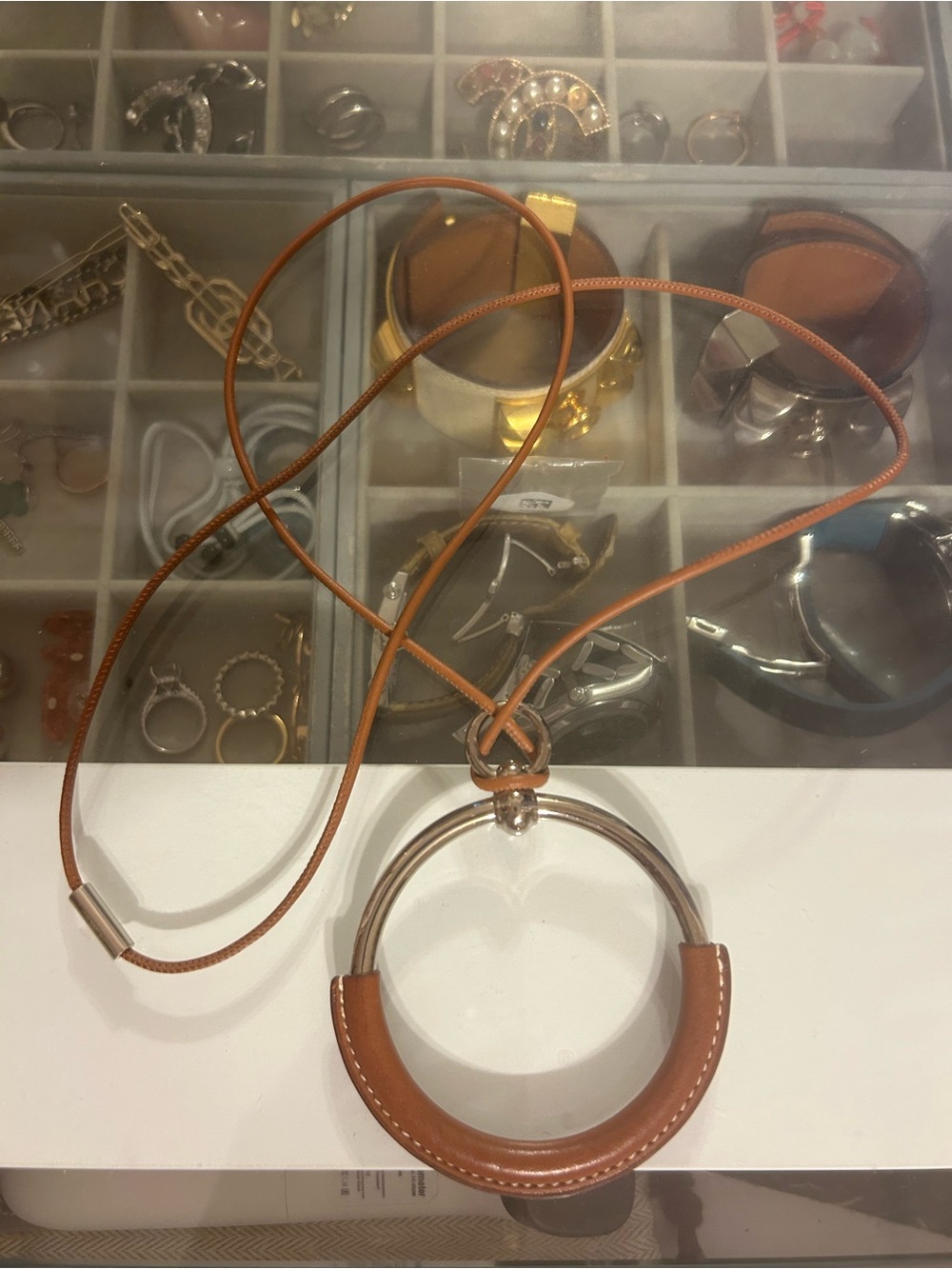 Hermes Brown Leather and Silver-Tone Hoop Necklace